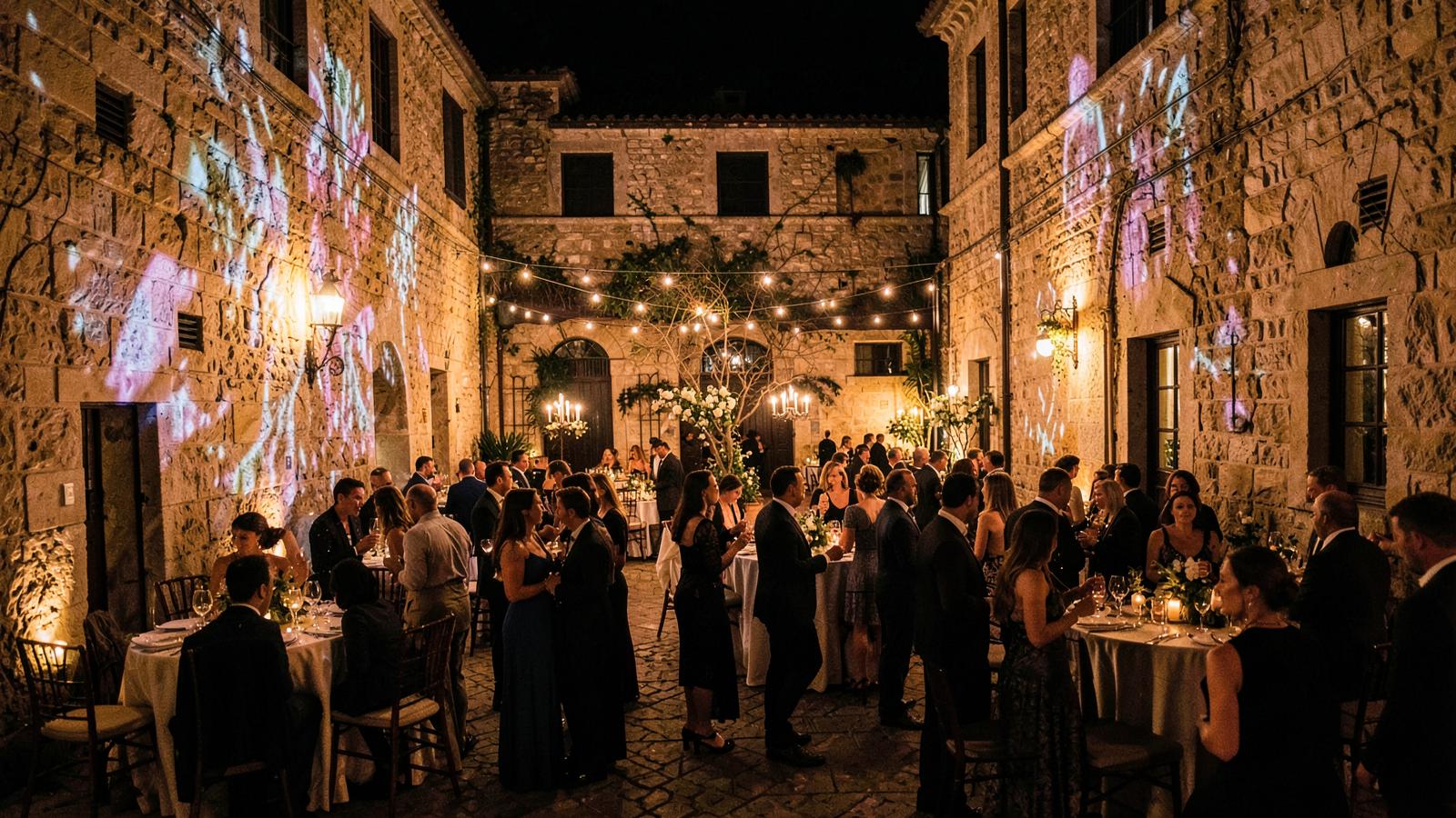 Gala noturna num pátio histórico
