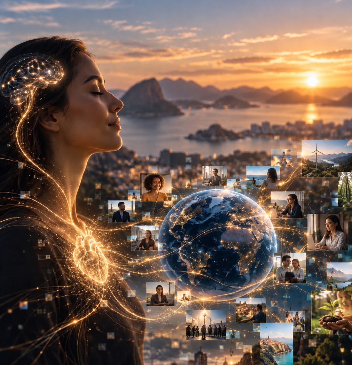 Mulher em perfil ao pôr do sol com rede dourada de conexões e imagens de pessoas à volta do globo