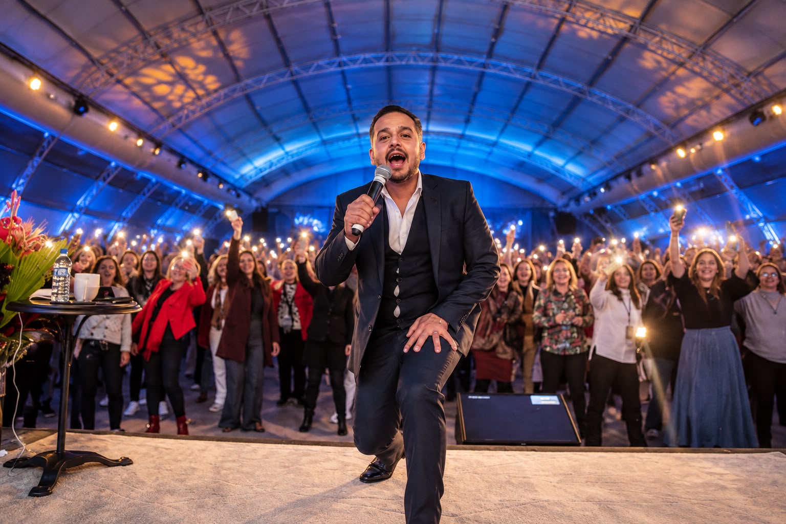 Orador em palco a envolver a plateia num evento internacional